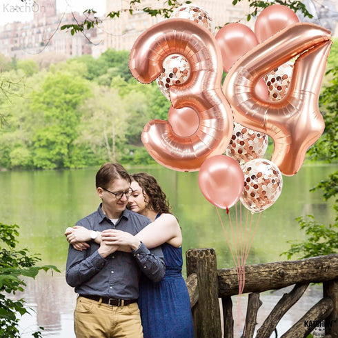 KatchOn Rose Gold 34 Balloon Set, 40 Inch, 34th Birthday Decorations for Women with Confetti Balloons
