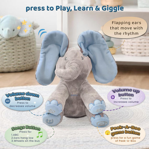 0 Dimple Kyle Elephant Stuffed Animal Toy - Animated Plush Blue Singing Elephant, Interactive Musical Peek-a-Boo