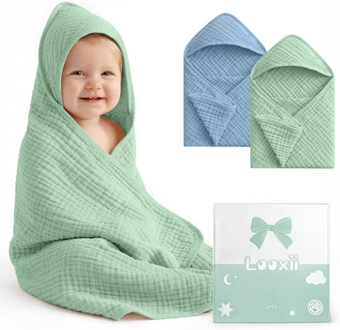 Looxii Baby Bath Towels 2 Pack Muslin Hooded Baby Towels for Newborn