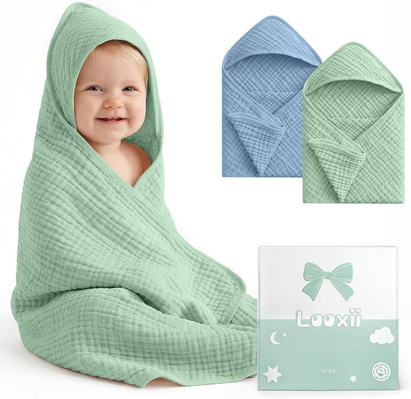 Looxii Baby Bath Towels 2 Pack Muslin Hooded Baby Towels for Newborn