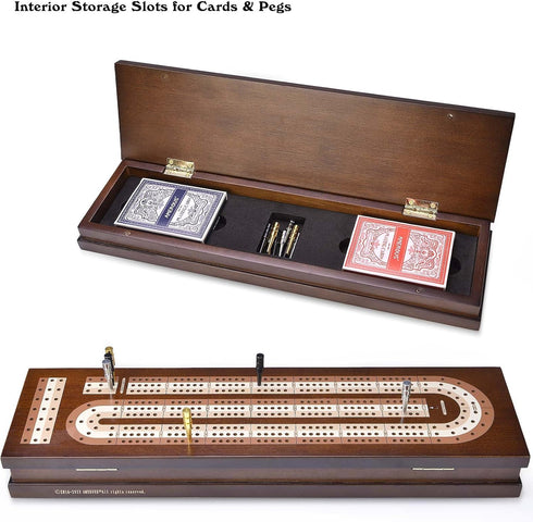 Set 2 3 Sets AMEROUS Wooden Cribbage Board Game with Magnetic Lock - Metal Pegs - Playing Cards - Continuous Track