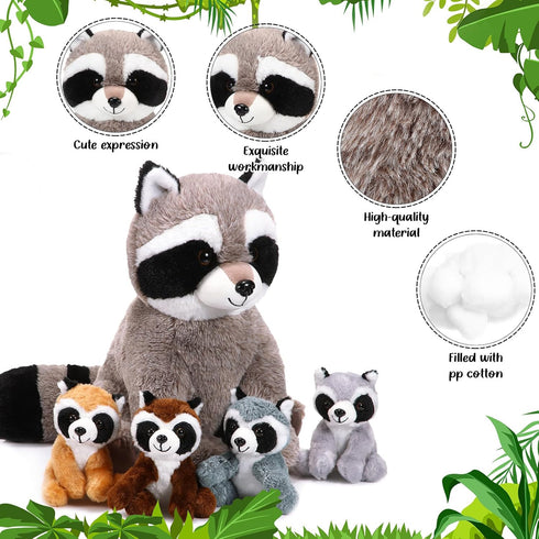 5 Set Mommy 4 Tummy Pcs Raccoon Stuffed Animal Adorable Raccoon Plush with Babies in Soft Cuddly Plushie for Birthday