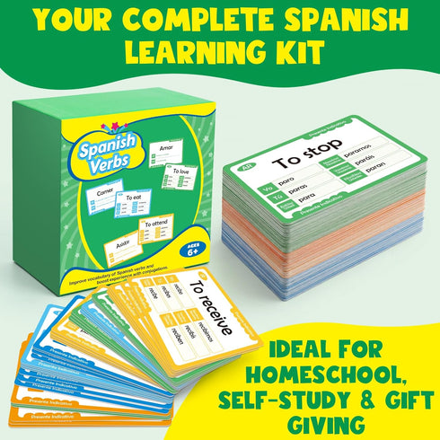 Edulok 280 Spanish Flash Cards for Kids, Spanish Verb Conjugation Book Flashcards, Learn Spanish for Adult Beginners