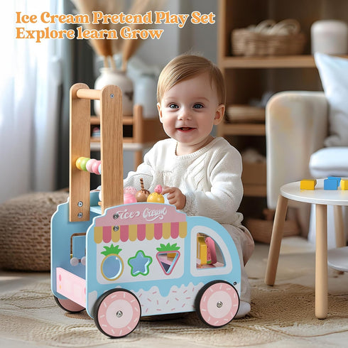 Embosomitr 6-12 Wooden Baby Walker for Babies Month, Ice Cream Cart Toys for Kids, Push Along Walker for Girls Boys