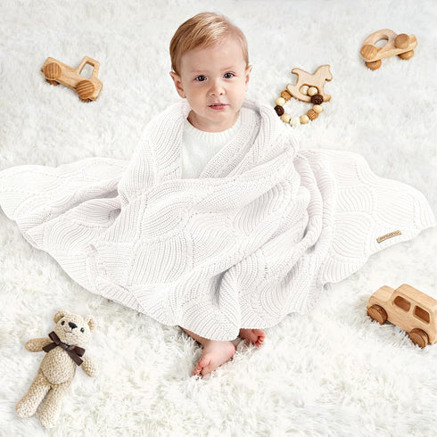 40x31 Inches Thick Cotton Knit Baby Blanket Soft Breathable Newborn Blanket for Boys & Girls, Wavy Pattern Receiving