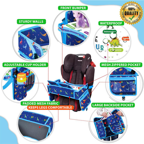 Car Seat Tray for Toddler - Waterproof Kids Travel Table Top - Road Trip Essentials - Lap Desk with Storage (Blue)