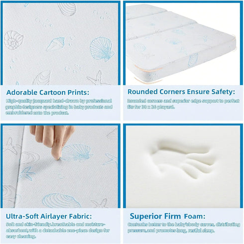 HDJOAPS Pack 38"x26"x1.5" Pack and Play Mattress, Tri-Fold n Play Mattress with Travel Bag, Crib Mattress Pad with Soft