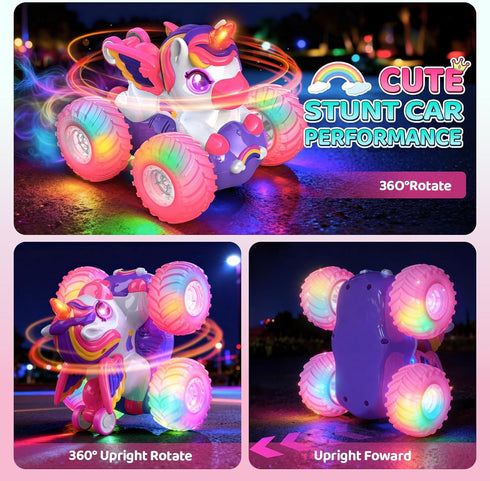 Girls,360 4WD 3 4 5 6 7 8 Unicorn Remote Control Car for Rotating Stunt RC Cars with Lights,Pink Car Toys for Kids,Fun
