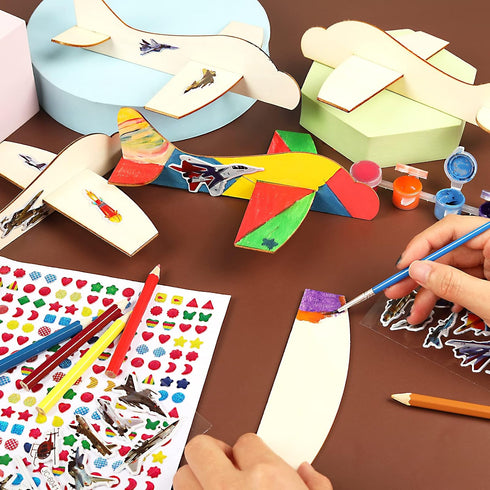 BAPHILE 12 Pack DIY Wood PlanesMini Airplane Paint and Decorate Wooden Airplane Craft Kits with Decorate Tools for Kids