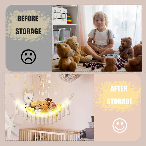 Stuffed Animal Hammock with LED Light, 2 Pack Toy Hammock for Stuffed Animals Storage for Kids, Corner, White