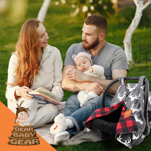 Dear Baby Gear Car Seat Canopy - Baby Carrier Cover - Infant Car Seat Cover - White Antlers, Plaid Red & Black