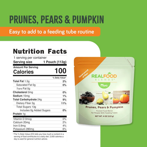 4 oz (Pack 12) Real Food Blends Mini - Prunes, Pears & Pumpkin - Pureed Fruit Snack Blend for Tube Feeding with Fruits