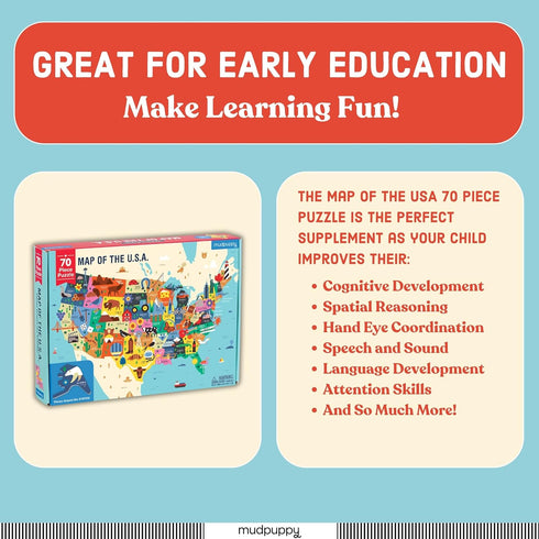 Mudpuppy 70 Piece Map of the United States Puzzle for Kids Age 5+, Double-Sided Geography Learning