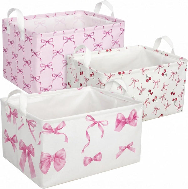 BBSET 3 Pcs Pink Bow Storage Basket, Coquette Girls Rectangle Storage Bins Box