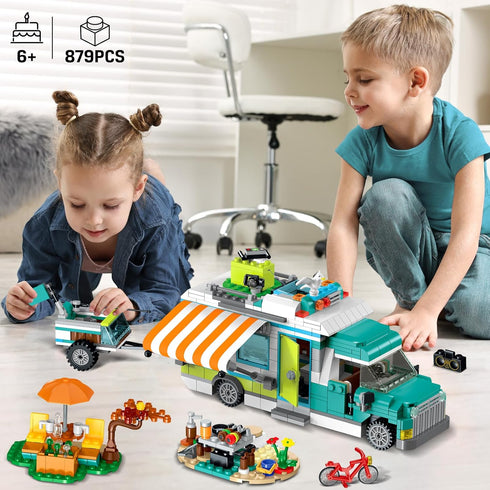 Set 3-IN-1 879PCS 6-12 HOGOKIDS City Camper Van Building with LED Light - Holiday RV Camping Building Toy for Kids