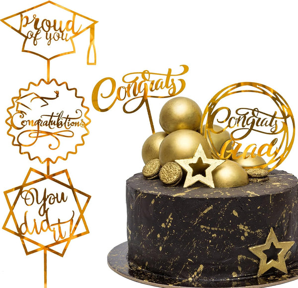 Whaline Graduation Cake Topper, Gold Acrylic Congrats Grad You Did It Table Centerpiece Sticks, 10pcs