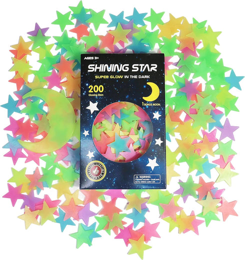 Glow in The Dark Stars and Moon Stickers for Ceiling - 200pcs 3D Luminous Adhesive Stars for Kids Bedroom Room Decor