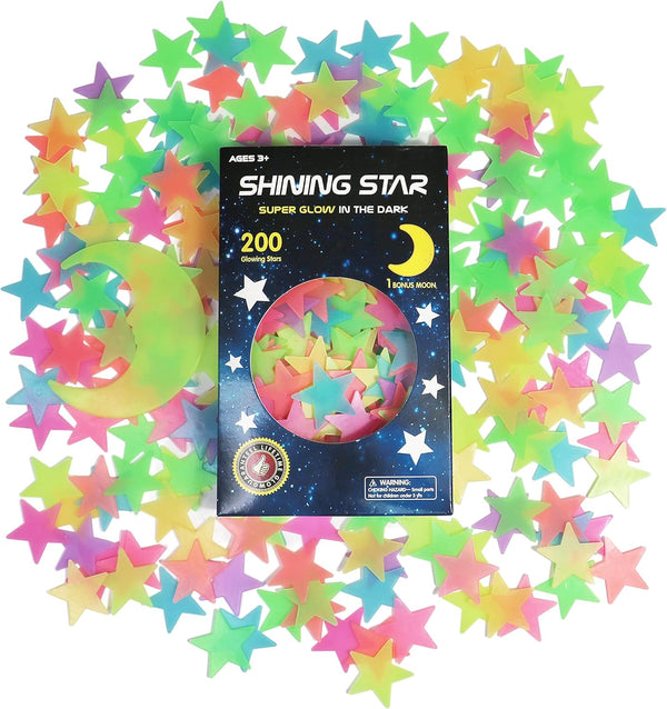 Glow in The Dark Stars and Moon Stickers for Ceiling - 200pcs 3D Luminous Adhesive Stars for Kids Bedroom Room Decor