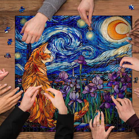 PICKFORU Cat Puzzles for Adults 1000 Pieces, Stained Glass Purple Iris Flowers and Moonlit Cat