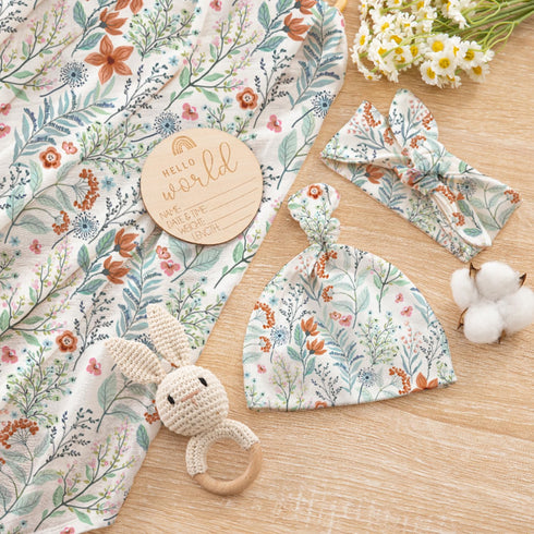 Set Set, Newborn Swaddle with Matching Hat and Bow Floral Baby Girl Newborn Receiving Blankets Baby Swaddle Nursery