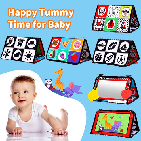 Baby Tummy Time Toys with Mirror, Books, Teethers - For 0-12 Months, Montessori Crawling Toys for Boys & Girls