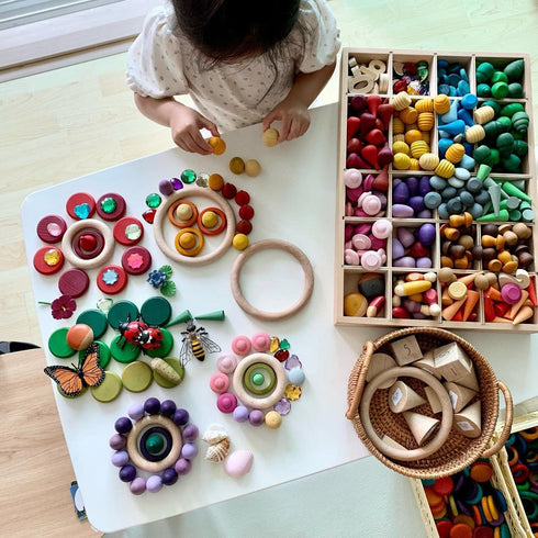 Set 7 27 Parts(81 Candywood Large Full Rainbow Color Style Wooden Loose Parts Sensory Play Toys, Mandala Shapes
