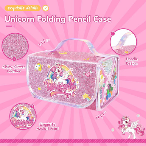 DreamyCandy 70PCS Set 4-6-8,Drawing Unicorn Washable Markers with Glitter Pencil Case,Art Supplies for Kids Ages
