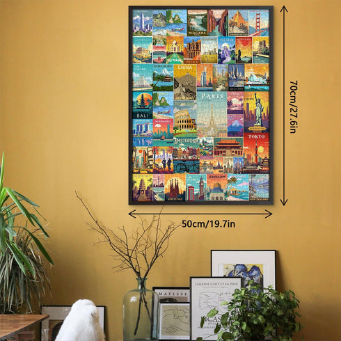 Vintage World Travel Puzzles for Adults 1000 Piece, Colosseum Eiffel Tower Landscape Poster Puzzle