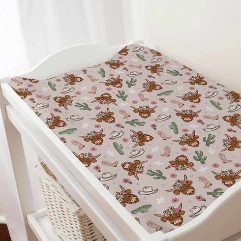 Western Cowgirl Cow Cactus Changing Pad Cover, Cowgirl Hats Boots Floral Diaper Changing Table Sheets for Baby