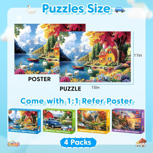 100 4 5-8 4-6 6-8 8-10 4-Pack Piece Puzzles - Themed Landscapes Large Piece Puzzles for Senior Adults Kids Puzzle Ages