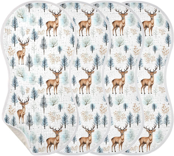 KEIGE 4Pcs Woodland Deer Burp Cloth,Unisex Large Absorbent Soft Cotton Muslin Burping Cloths