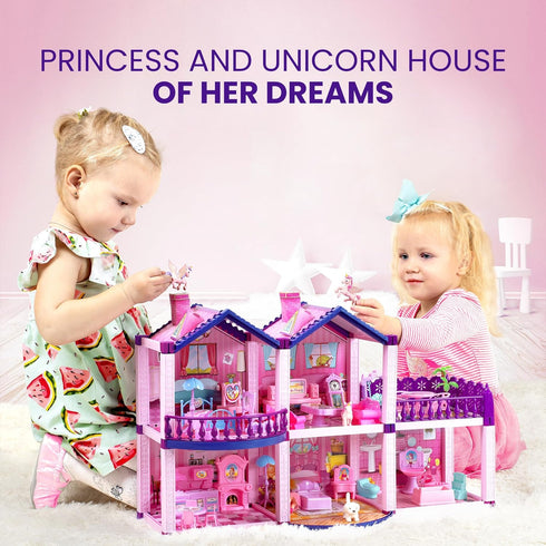 Dollhouse with 4 Princesses, 4 Unicorns, Dog, Furniture & Accessories - Pink and Purple Dream Toy for Girls Ages 2-7