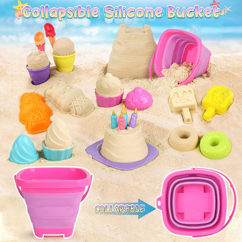 Set 3-10, Set Dreamon Collapsible Beach Toys for Kids Collapsible Sand Bucket Shovels with Mesh Bag and Beach Molds