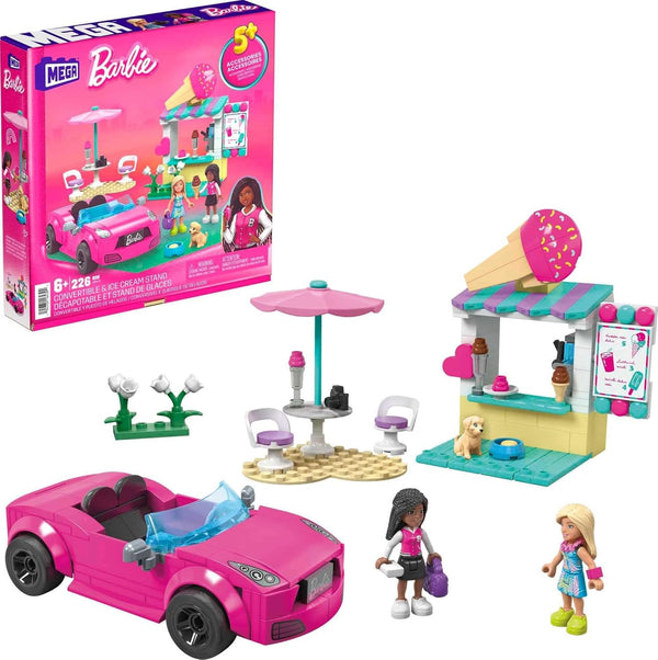 Mega Barbie Car Building Toys Playset, Pink Convertible & Ice Cream Stand with 225 Pieces, 2 Micro-Dolls