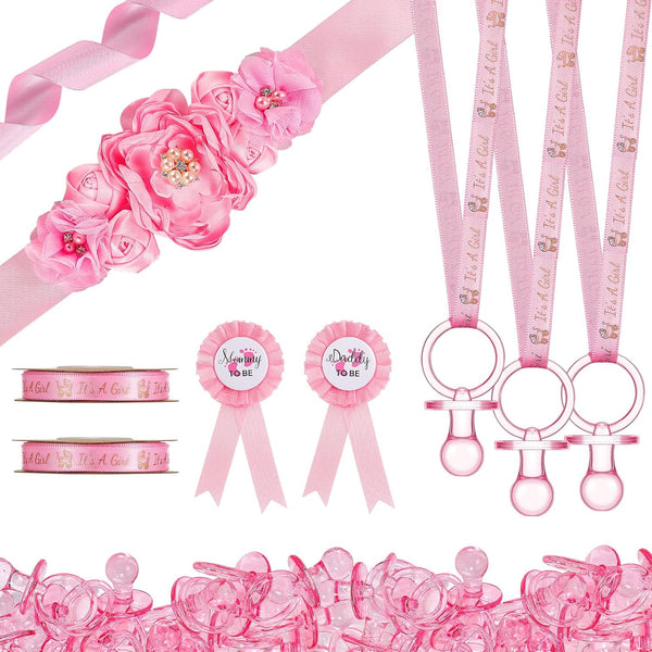 53 Pcs Baby Shower Pacifiers Set Include Maternity Sash Pink Acrylic Baby