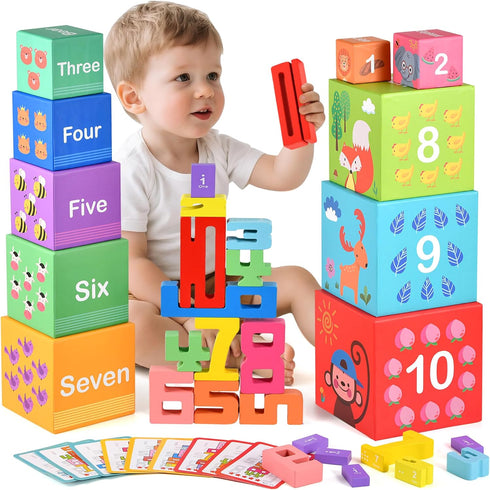 DICROON 3+ 1-10 Wooden Number Building Blocks & Stacking Toys for Toddlers Years Old, Digital Building Blocks, Digital