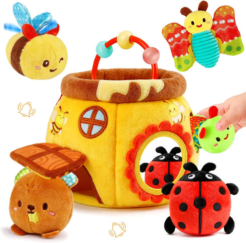 Thremhoo Baby Toys 6-12 Months - Soft Beehive with 5 Stuffed Animals,