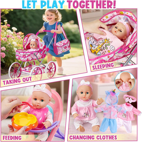 12 Set 3 4 5 6 26pcs Pillow/Highchair/2 3-5-7 Golray in Baby Doll Toys with Stroller for Year Old Girl - Babydoll