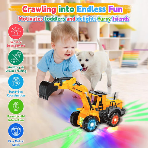 2 1 3 4 5 6 Car Toys for Toddlers, Excavator Toy with Flashing Lights Music, Toy Trucks Construction Vehicle