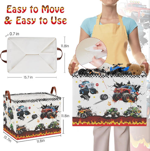 36L Monster Trucks Storage Basket,Collapsible Car Room Decor for Boys ,Waterproof Kids Laundry Hamper, Monster Trucks