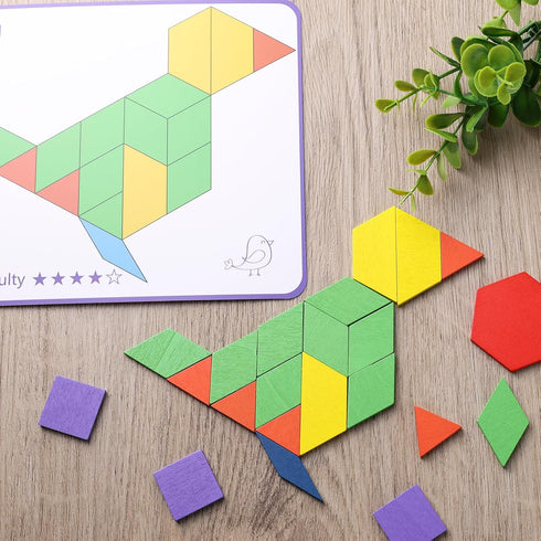 LovesTown 150PCS Wooden Pattern Blocks, Geometric Shapes Tangram Puzzles for Kids with Educational Cards
