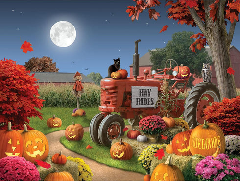 Bits and Pieces 500 Piece Jigsaw Puzzle for Adults - Happy Hollow Halloween Farm Pumpkin Jack-O-Lantern Tractor Cat 18"