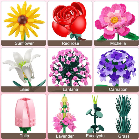 Set, 699 Flowers Bouquet Building Flower Botanical Collection Building Toys, Home & Office Creative Decoration