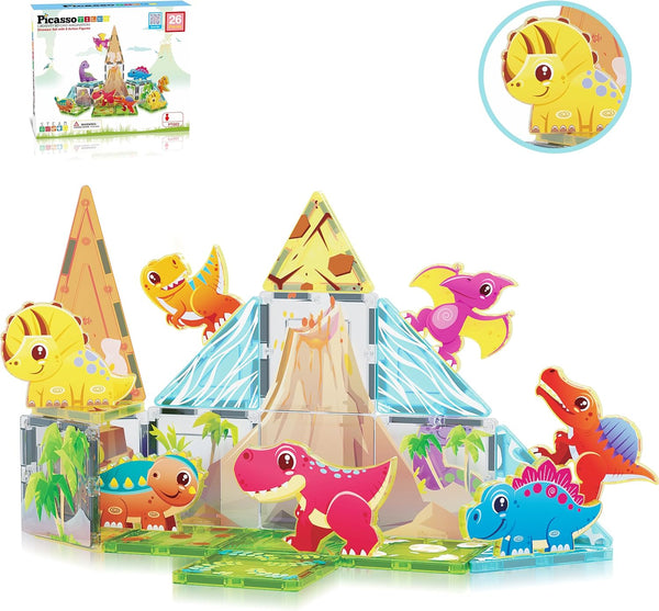 PicassoTiles Magnet Tile Building Blocks Dinosaur World Themed Playset, 8 Animal Character Action Figures for Kids 3+
