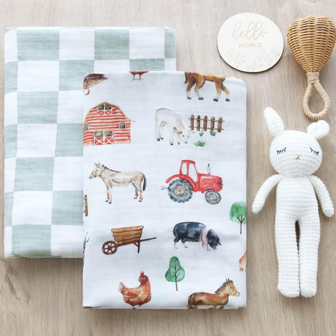 LifeTree Muslin Swaddle Blankets Neutral, Baby Washcloths Farm Animals Swaddling Wrap Nursery Receiving Blanket