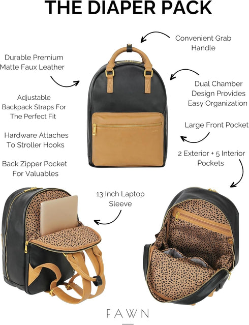 Pack Backpack FAWN DESIGN Diaper (Classic with Contemporary Diaper Bag Features) (Black/Tan)