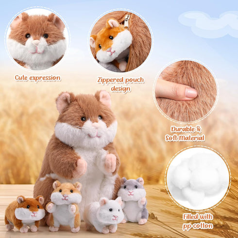 5 Set 14 Inch Mommy 4 Deekin Pcs Hamster Stuffed Animal Hamster with Cuddly Plush Babies in Belly Cute Plush Toys Gifts