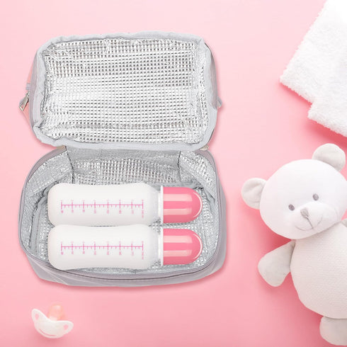 Portable Breast Milk Storage Bag Insulated Cooler Tote for Nursing Moms, Gray-Pink Thermal Milk Bottle Organizer