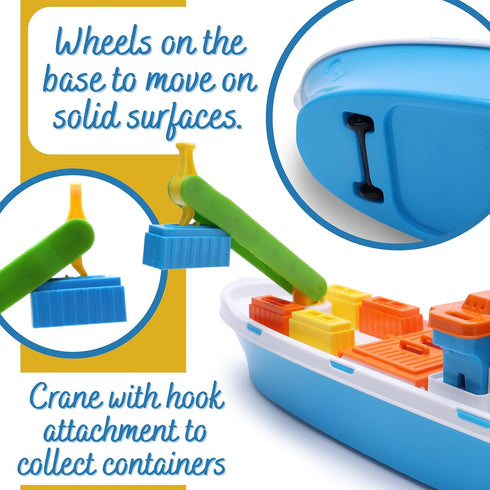 Toyland 41cm (16") 6 3 Colourful Cargo Ship with Moveable Doors, Crane & Plastic Containers - Kids Floating Water Toy