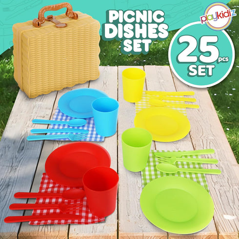 25 Set Playset, 3+ Kids Picnic Basket Toy Dishes, Piece Plastic Tea Party - Colored Pretend Play Dishes Toddlers